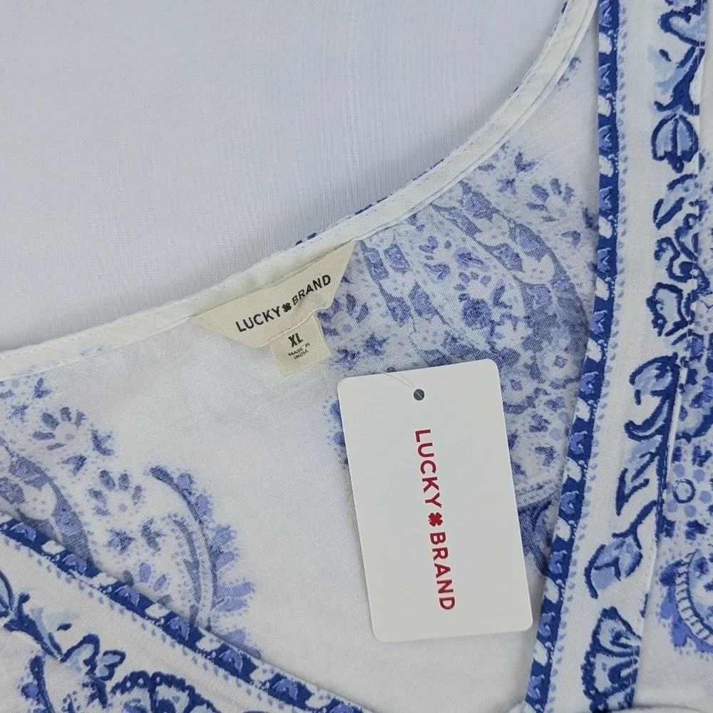 Lucky Brand Sleeveless Top Midi Skirt Set Cotton Paisley Print White Blue XL NWT